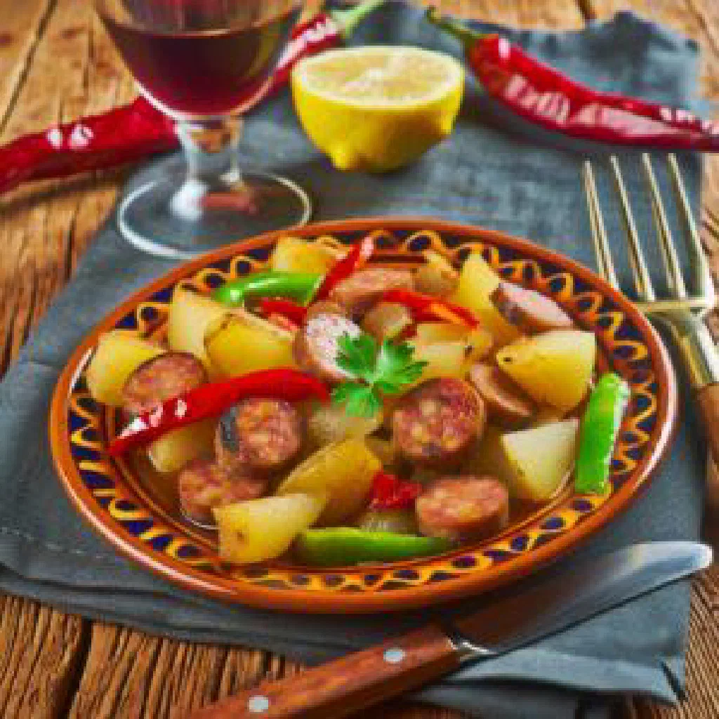 Spiced marinated pork with crispy fried potatoes on a rustic plate