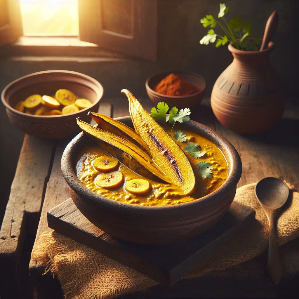 Ash plantain curry in coconut milk garnished with curry leaves