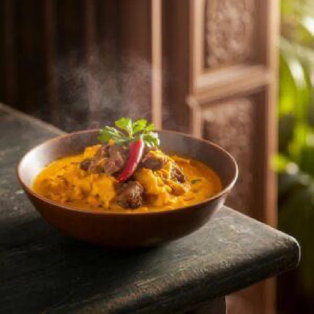 Sri Lankan babath curry in a creamy coconut sauce garnished with fresh coriander