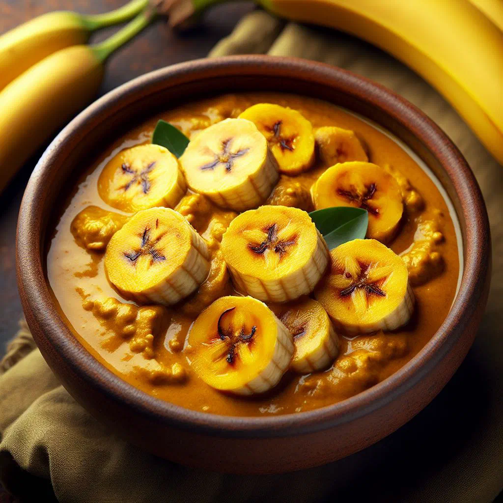 Sri Lankan banana curry in a creamy coconut sauce garnished with fresh coriander