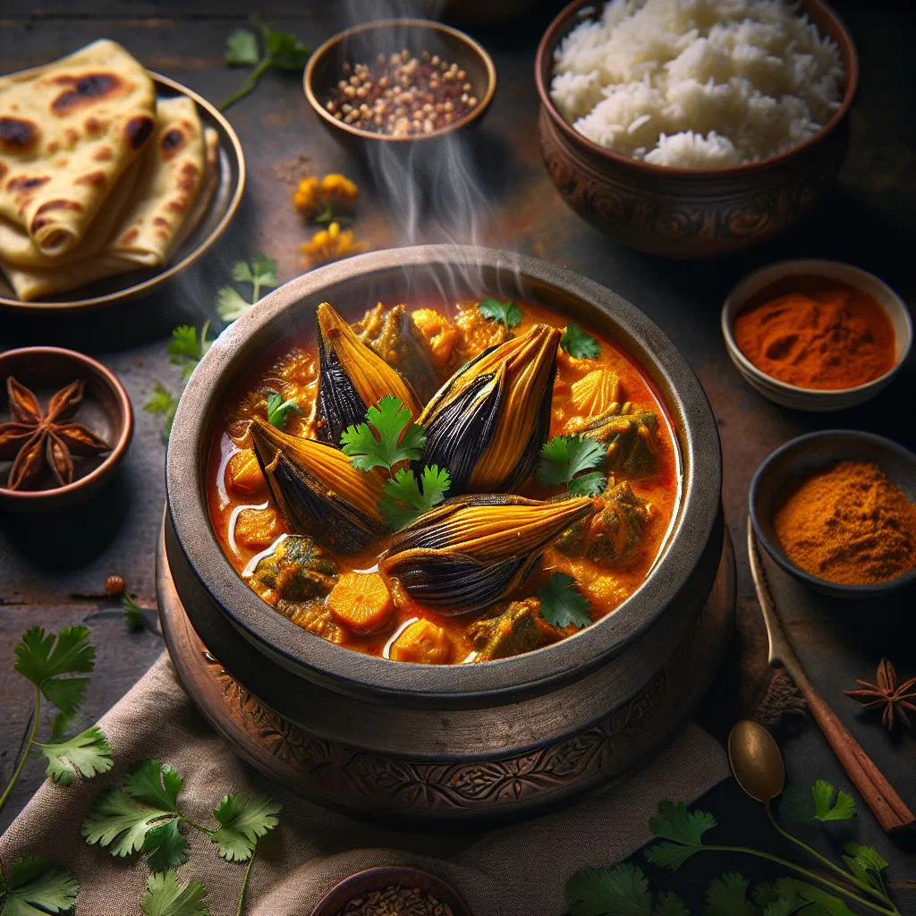Banana flower curry simmered in coconut milk, garnished with fresh coriander