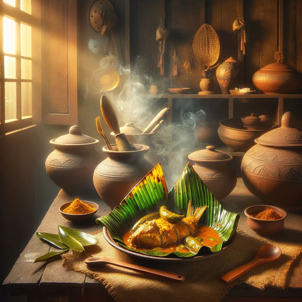 Spiced fish parcels steamed in banana leaves, garnished with fresh coriander