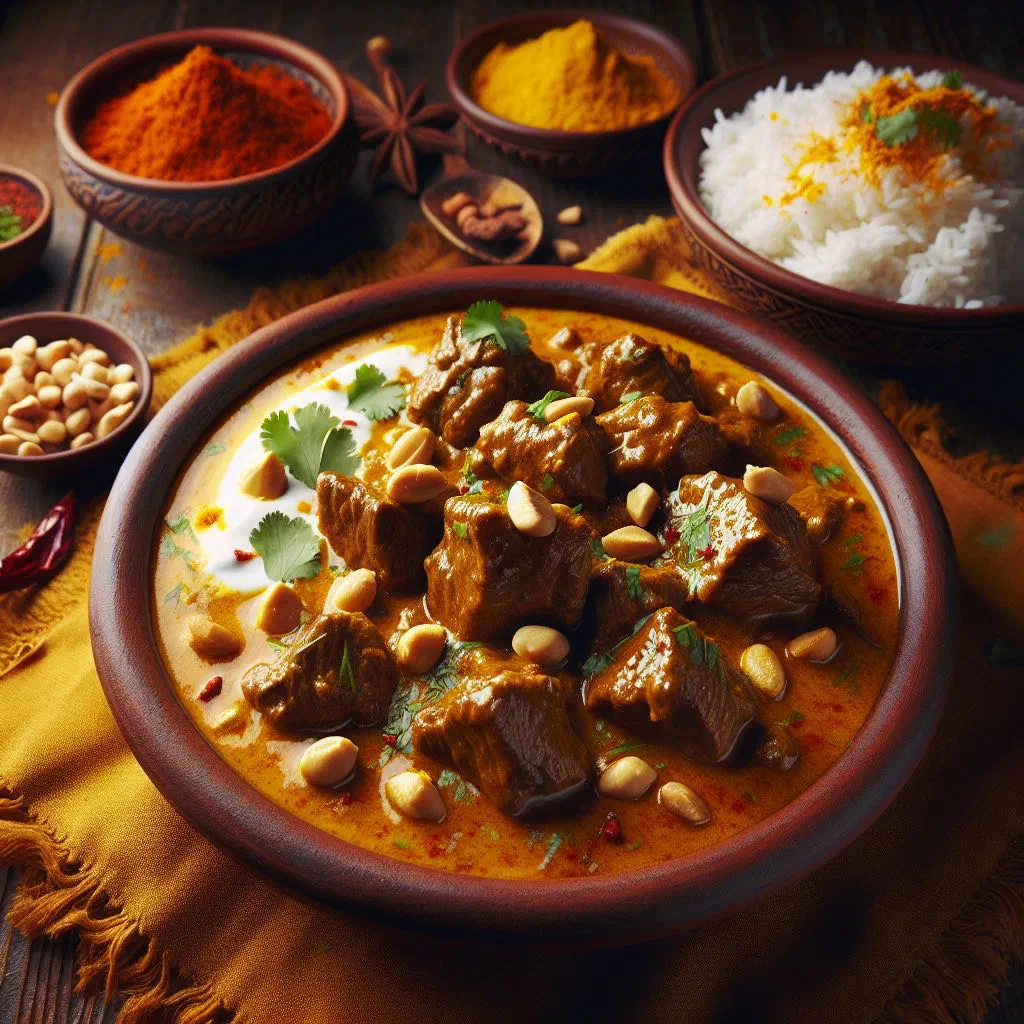 Sri Lankan beef curry in coconut sauce garnished with fresh coriander