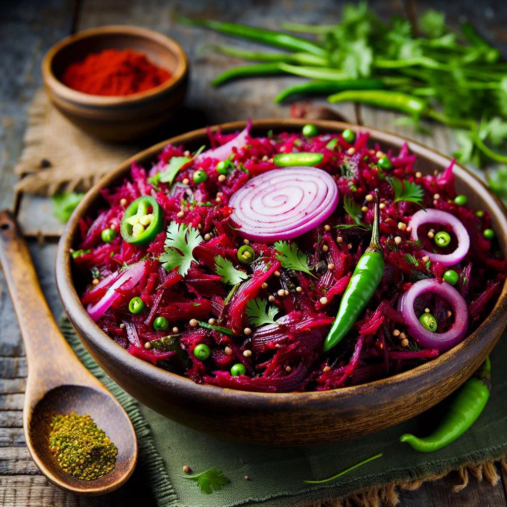 Vibrant beetroot mallung with grated coconut in a serving bowl