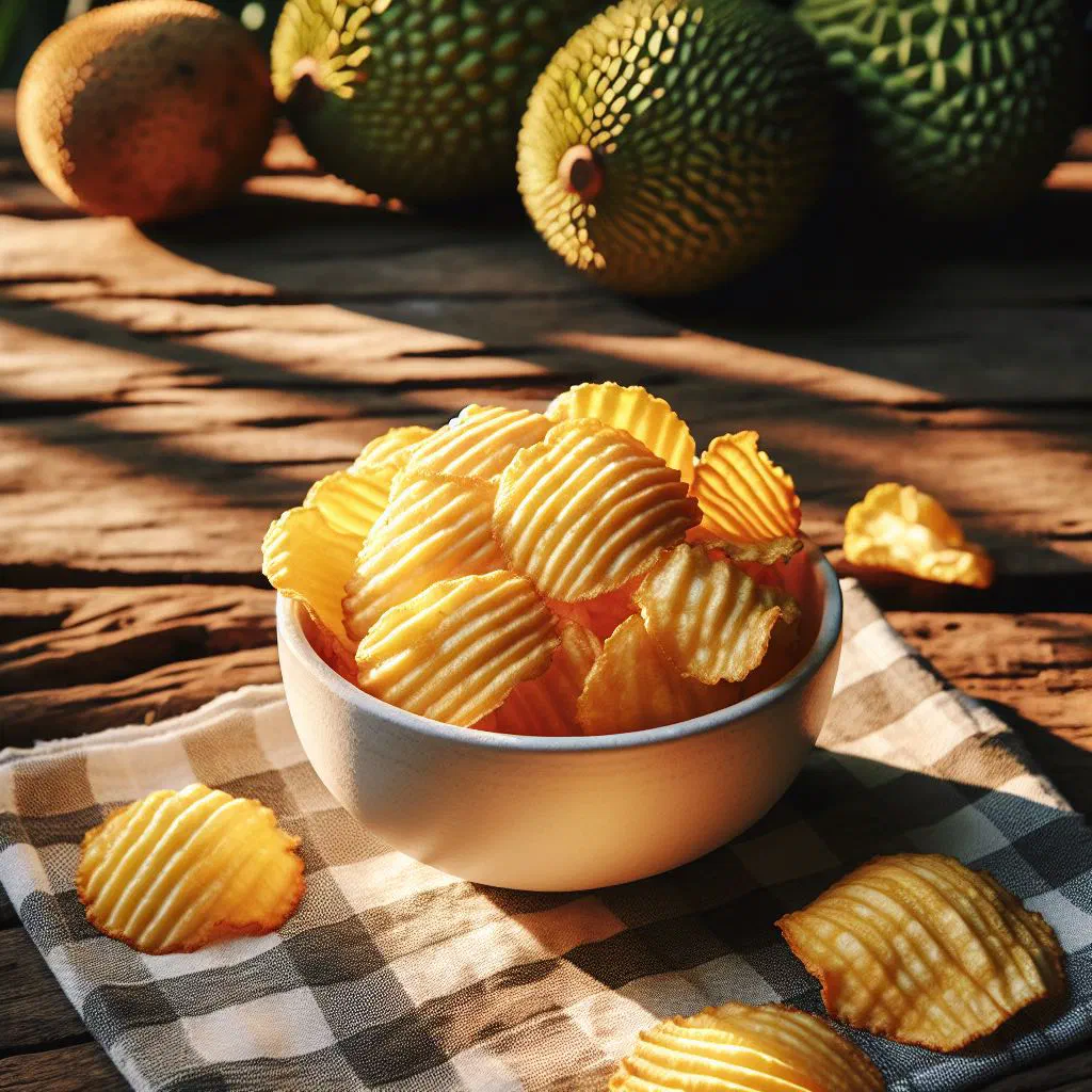 Golden, crisp breadfruit chips piled in a bowl