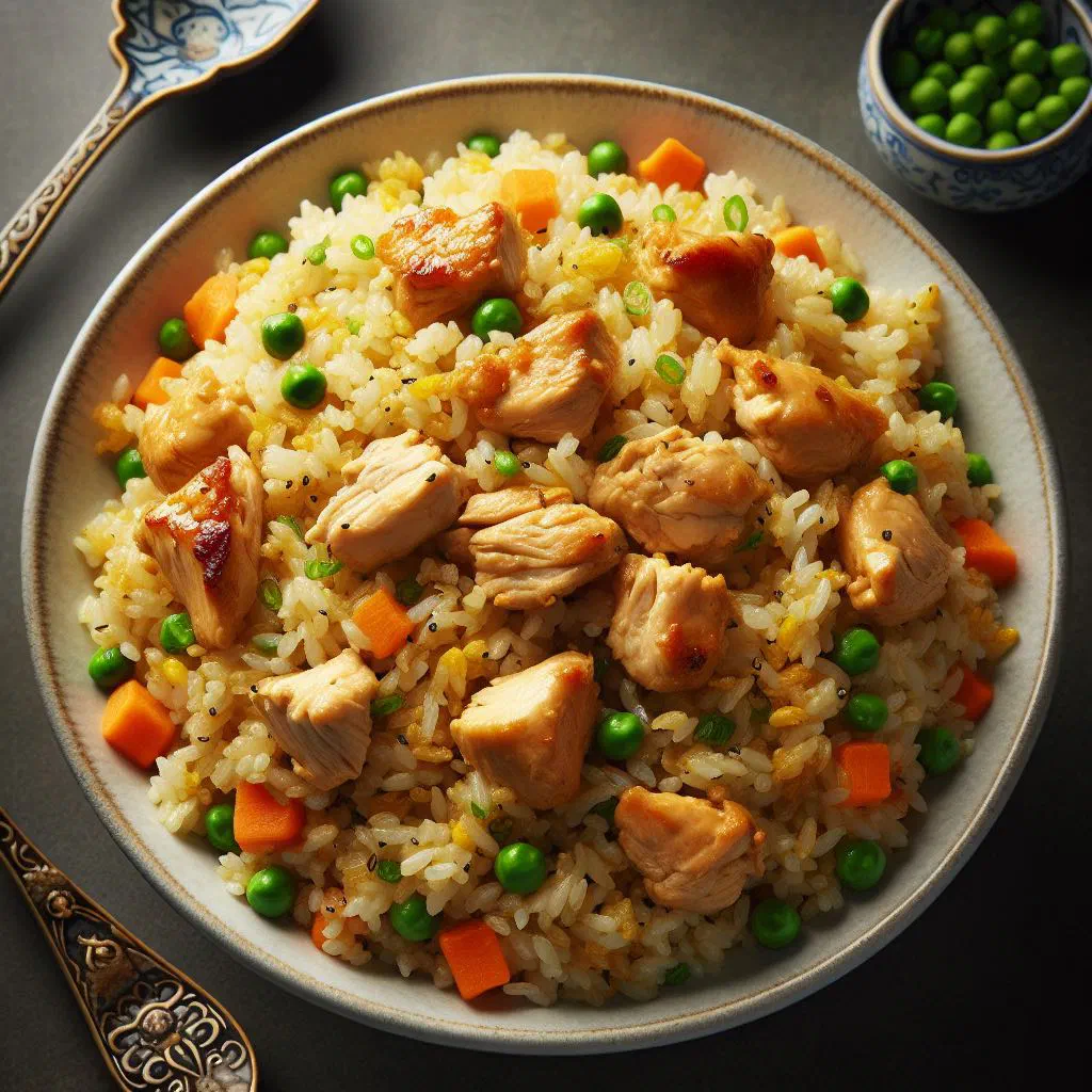 Sri Lankan chicken fried rice with carrots, peas and spring onions