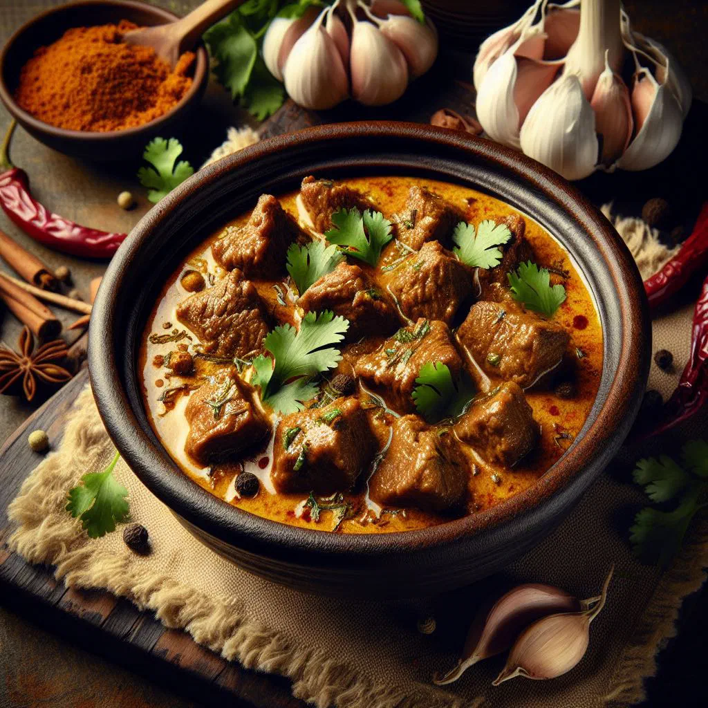 Sri Lankan claypot mutton curry in a clay pot garnished with fresh coriander