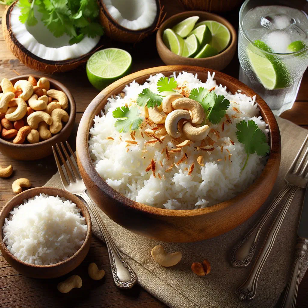 A bowl of creamy coconut milk rice garnished with fresh fruit