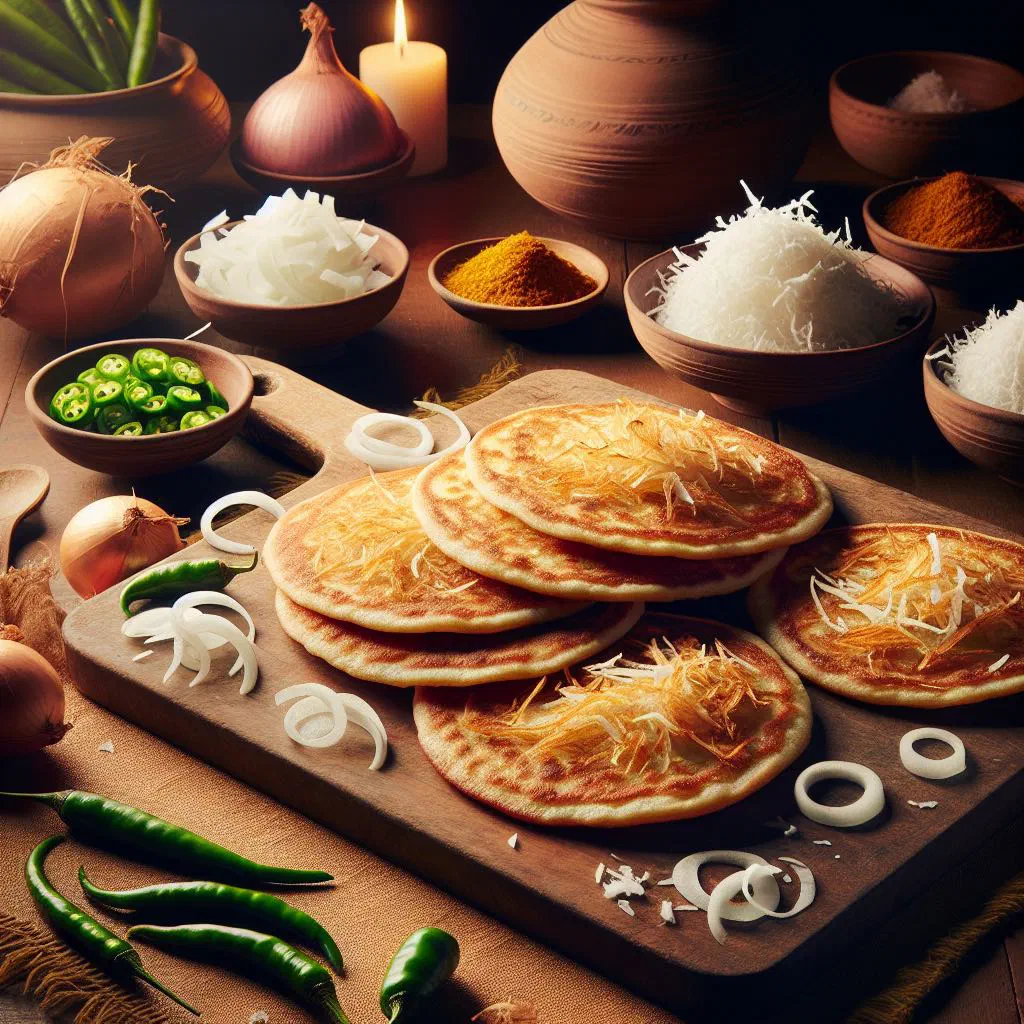 Golden pan-fried Sri Lankan coconut roti flatbreads on a plate