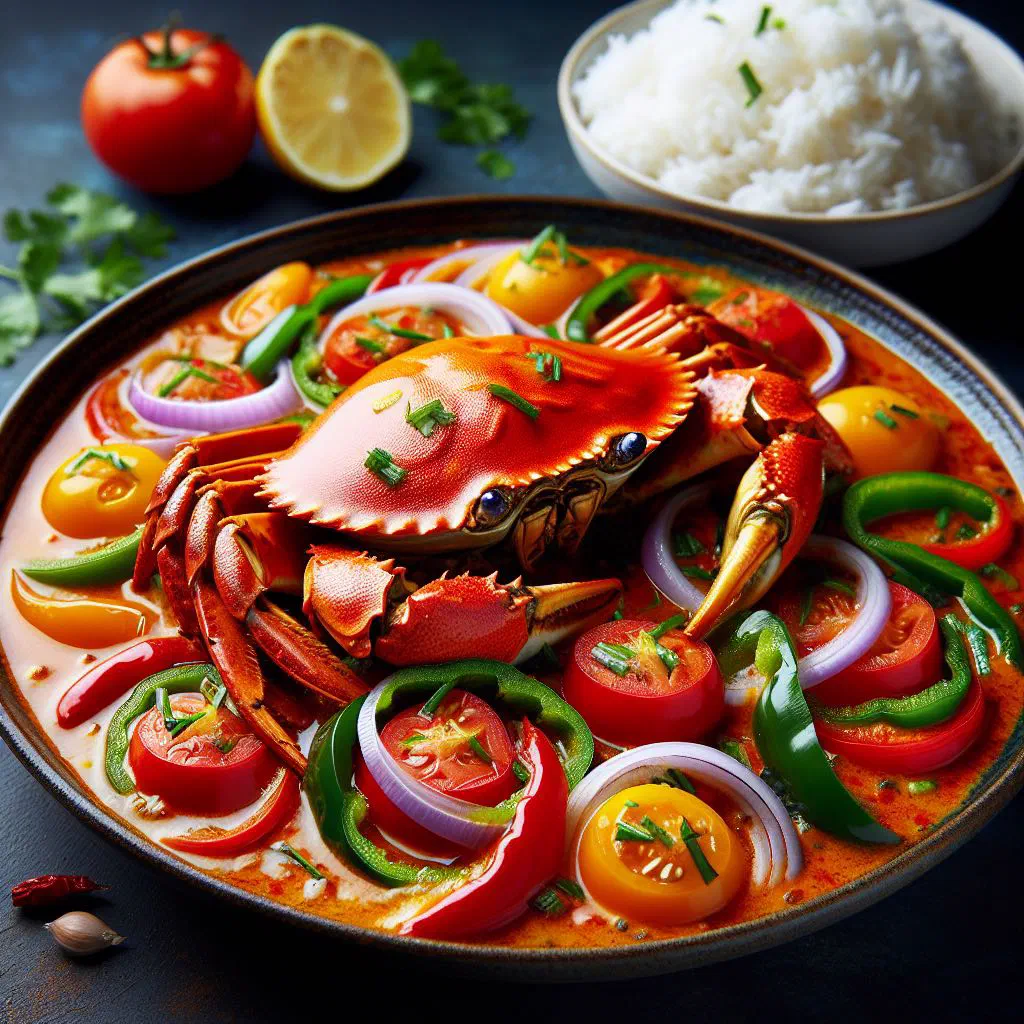Sri Lankan crab curry in a rich coconut sauce garnished with fresh coriander