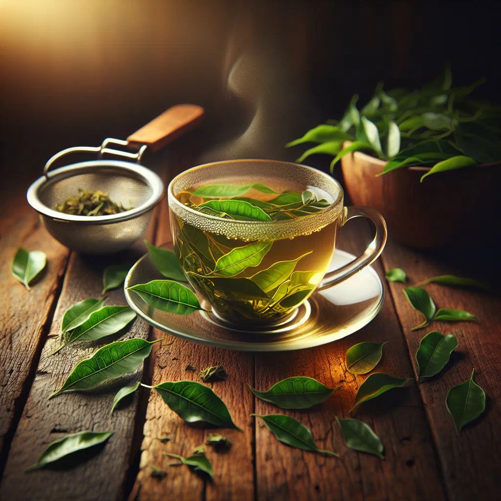 A cup of golden curry leaf tea with fresh curry leaves