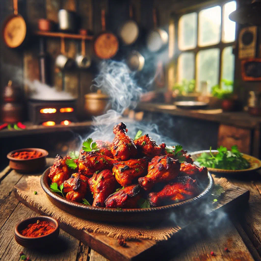 Spicy Sri Lankan deviled chicken garnished with fresh coriander