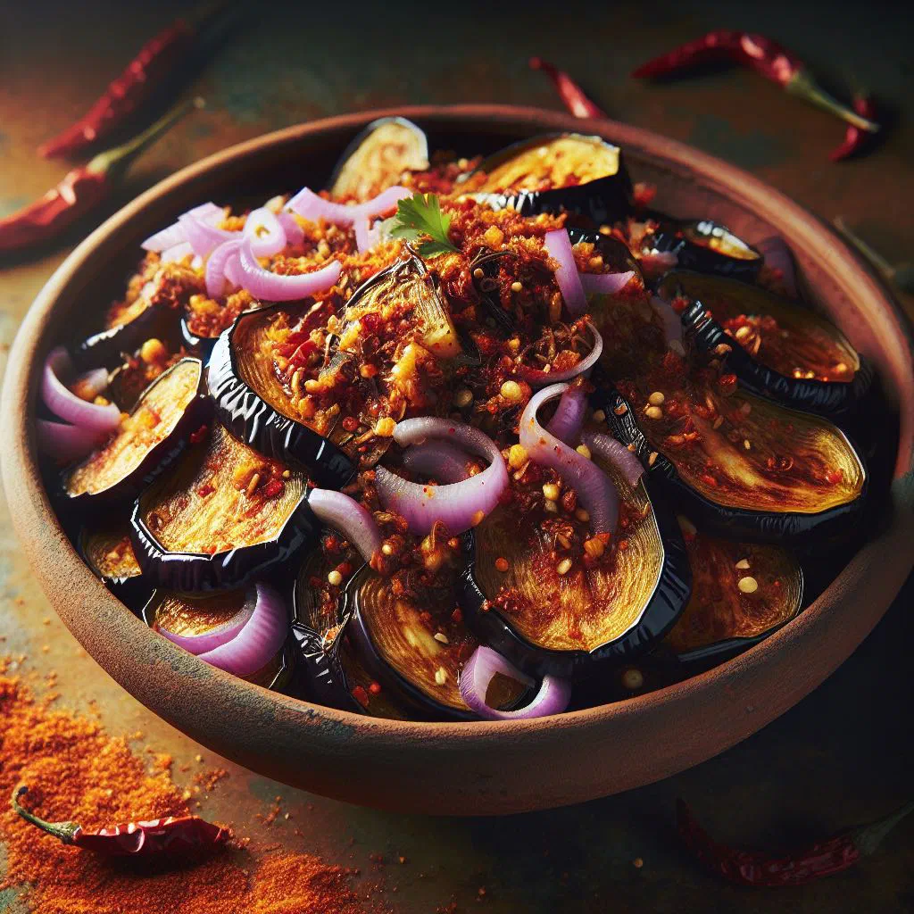 Fried eggplant sambol with onions and chilli, garnished with fresh coriander