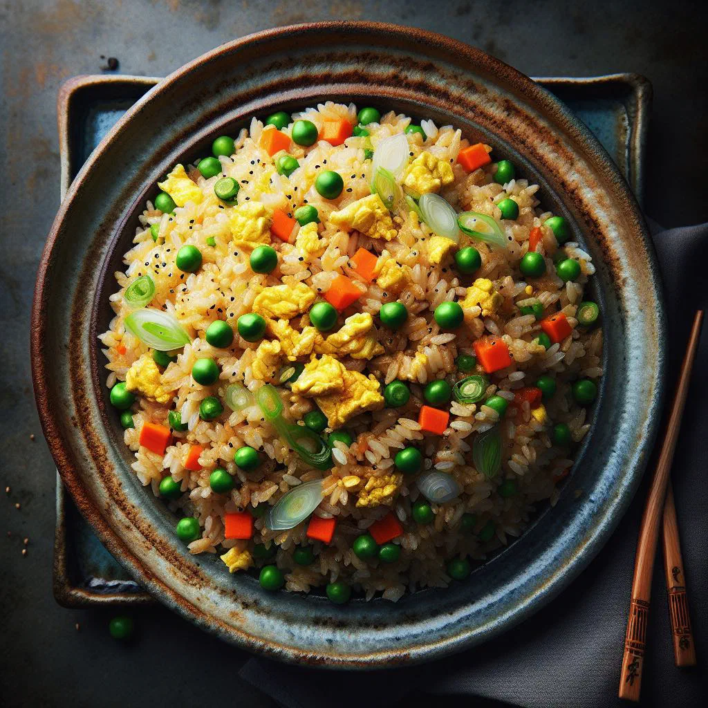 A bowl of Sri Lankan fried rice with carrots, peas and fresh herbs
