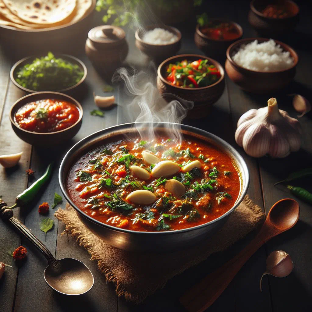 Sri Lankan garlic curry in a creamy coconut sauce garnished with fresh coriander