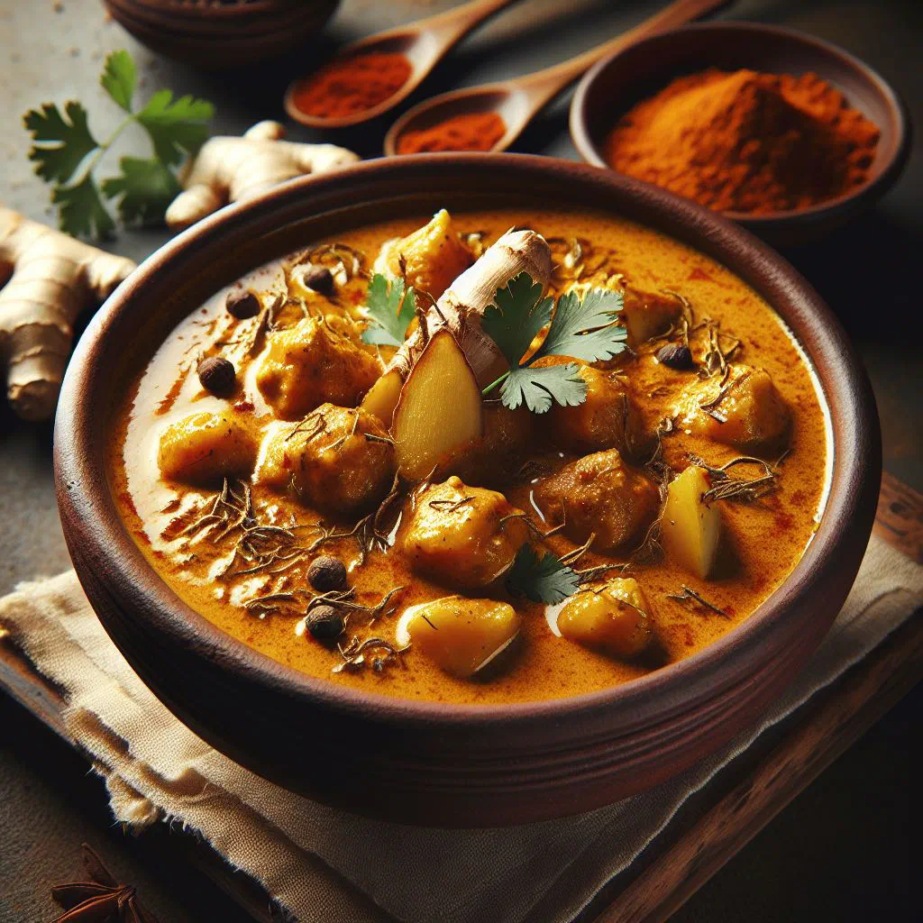 Sri Lankan ginger curry in coconut milk garnished with fresh coriander