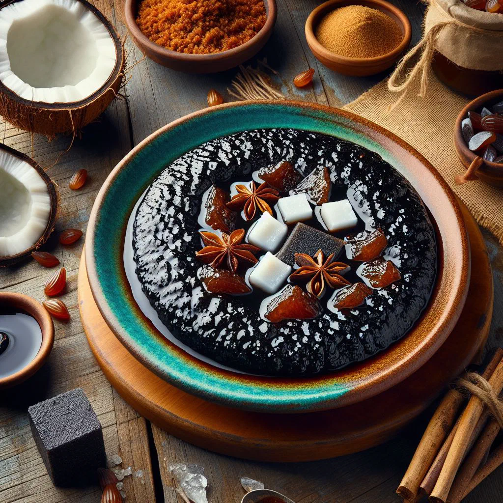 Dark, glossy squares of Kalu Dodol coconut fudge on a rustic plate