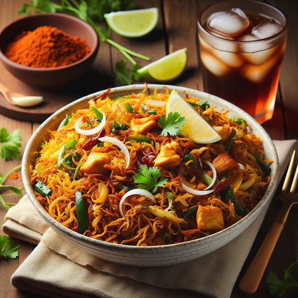 Chopped roti stir-fried with chicken and vegetables on a hot griddle