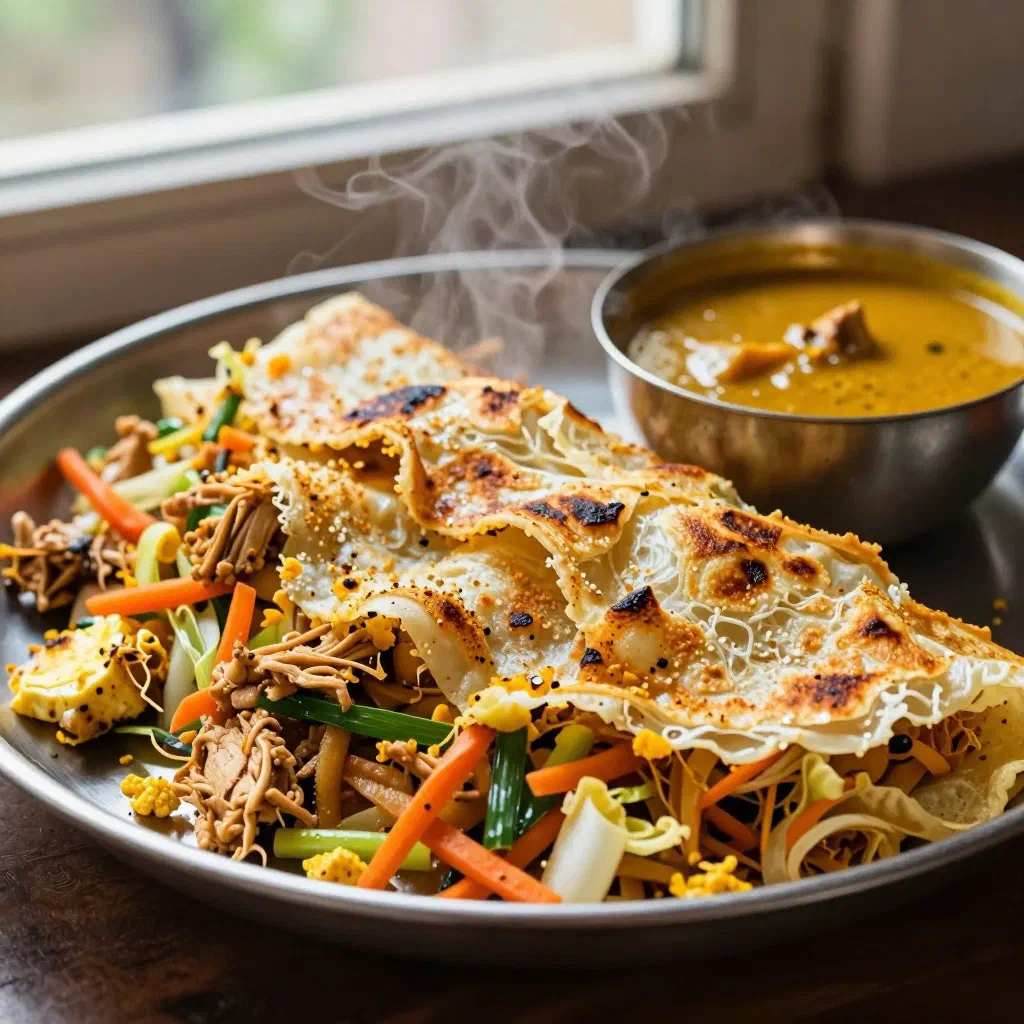 Chopped kottu roti stir-fried with vegetables, egg and chicken on a plate