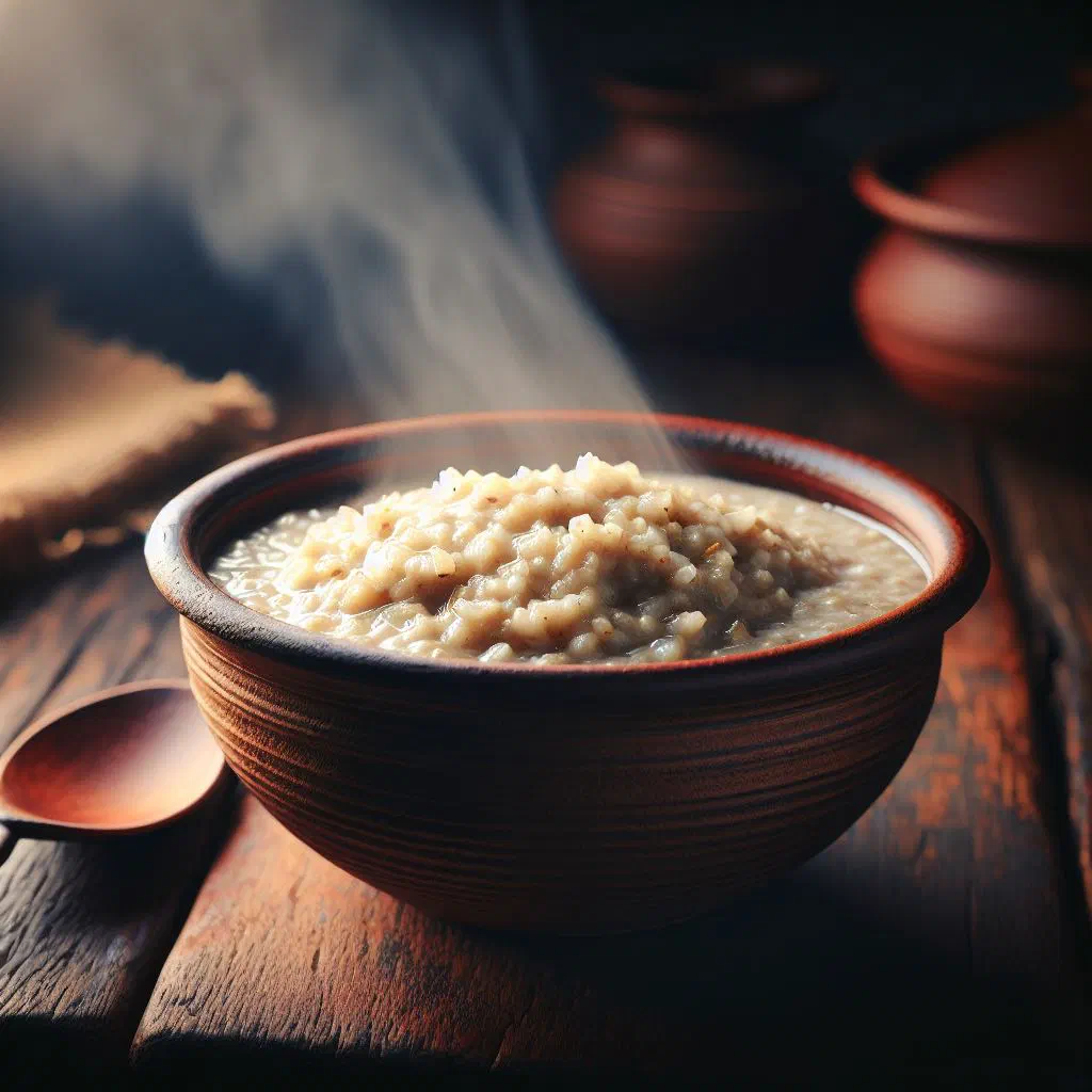 Creamy kurakkan finger millet porridge topped with fresh fruit and nuts