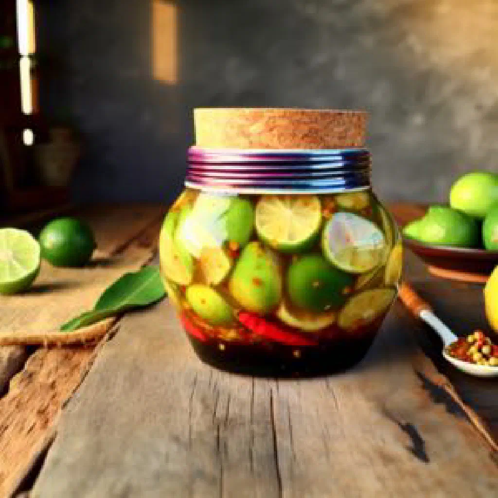 Tangy lime pickle in a small jar with spices