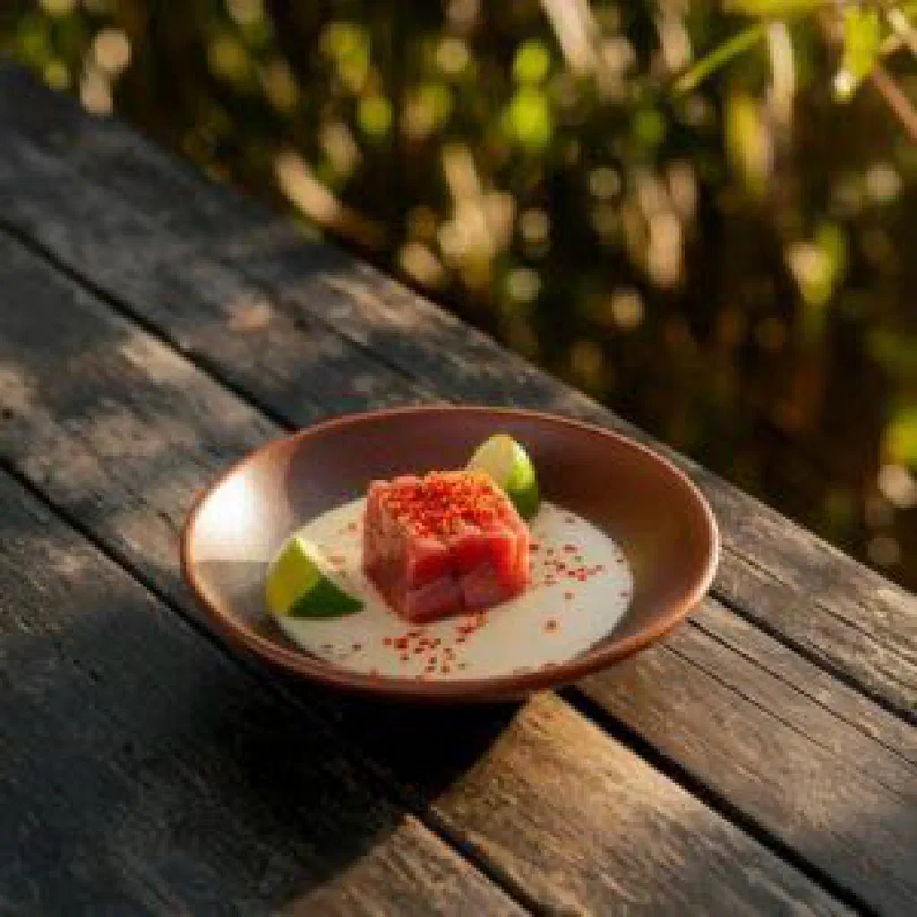 Fiery red lunu miris chilli paste served in a small bowl