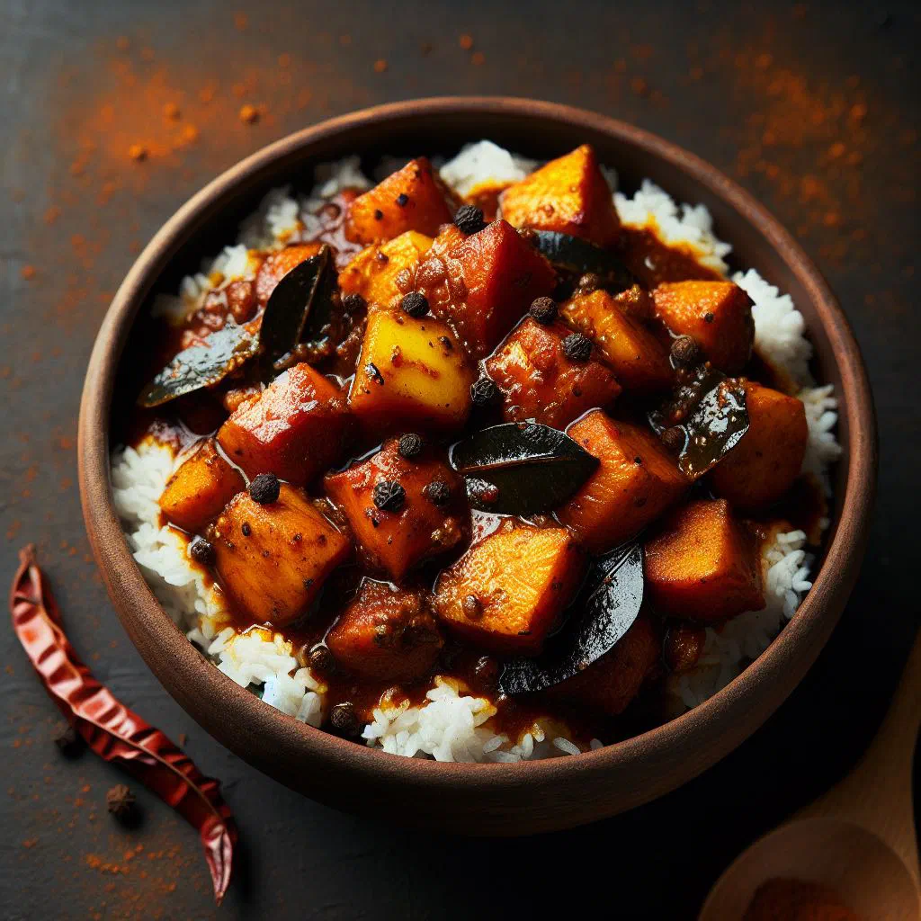 Sri Lankan maalu ambulthiyal, dark tamarind-braised fish garnished with fresh coriander