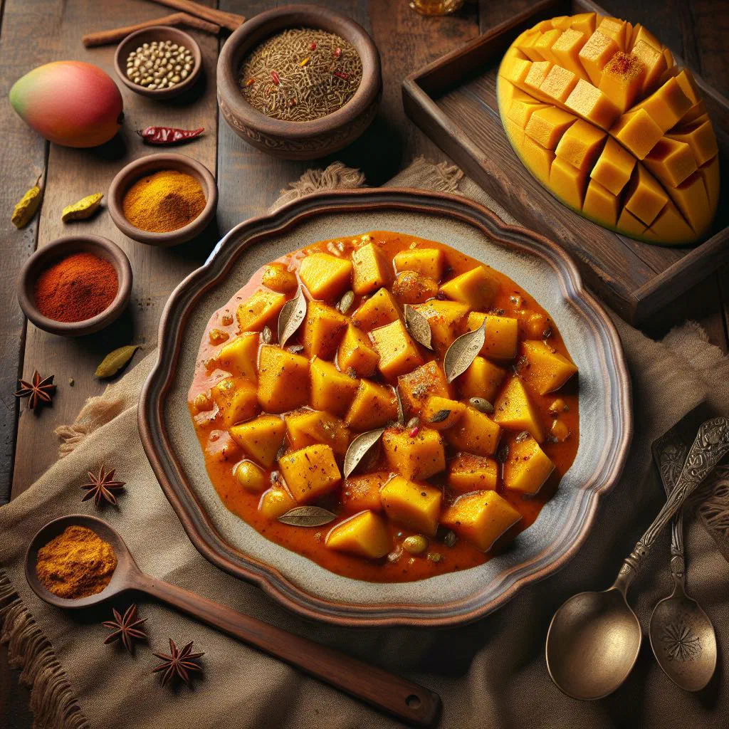 Golden mango curry in coconut sauce garnished with fresh coriander