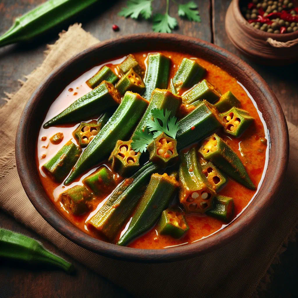 Sri Lankan okra curry in coconut milk garnished with fresh coriander