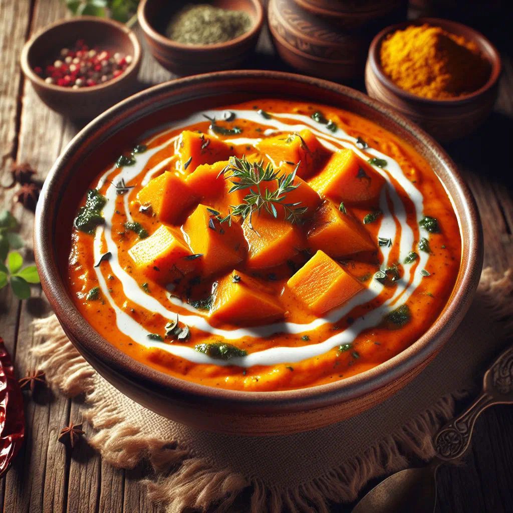 Golden Sri Lankan pumpkin curry in coconut milk garnished with fresh coriander