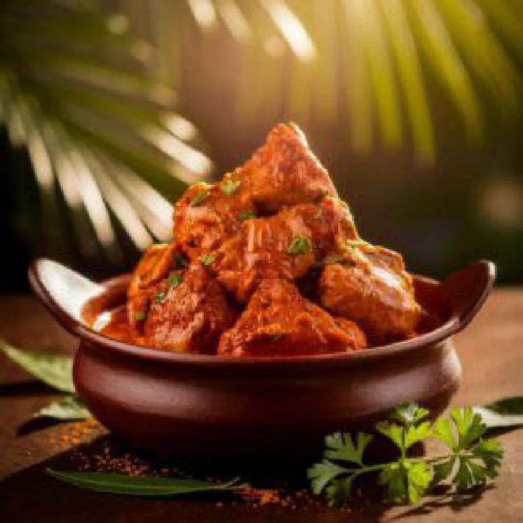 Spicy Sri Lankan red rice curry with coconut milk and fresh green chilli