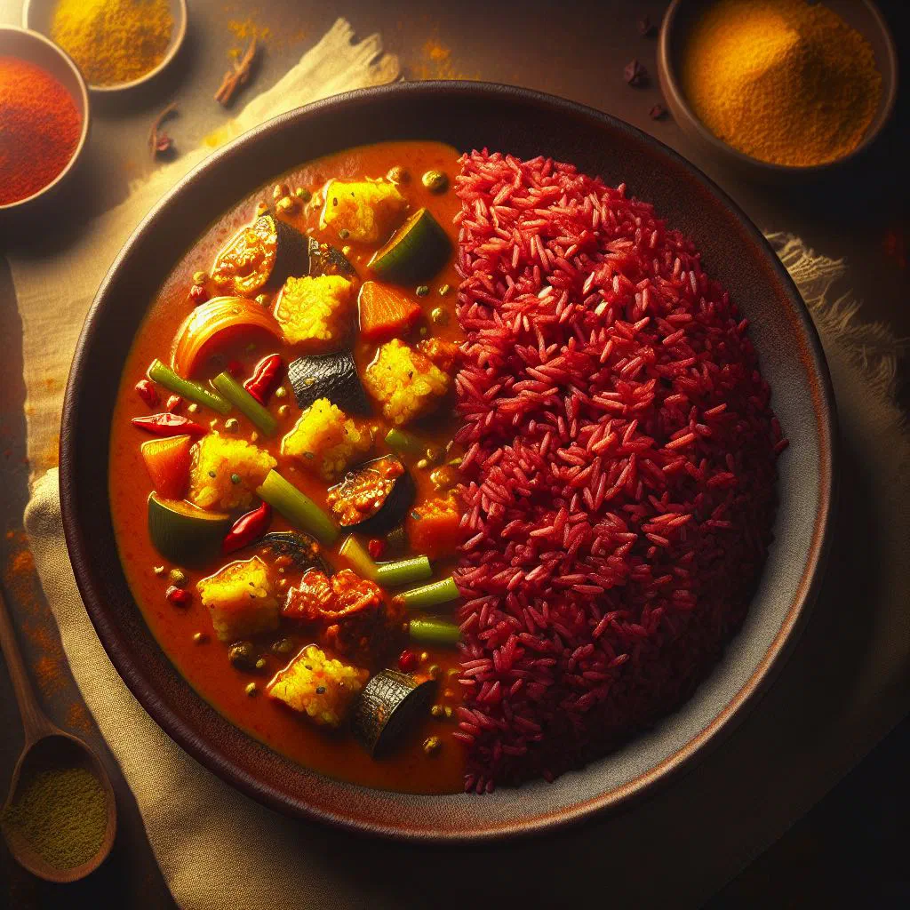 Sri Lankan red rice served with a coconut vegetable curry and fresh coriander