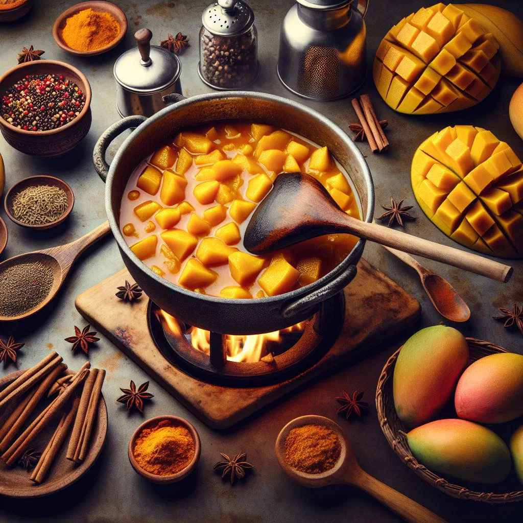 Sour mango curry in coconut milk garnished with fresh coriander