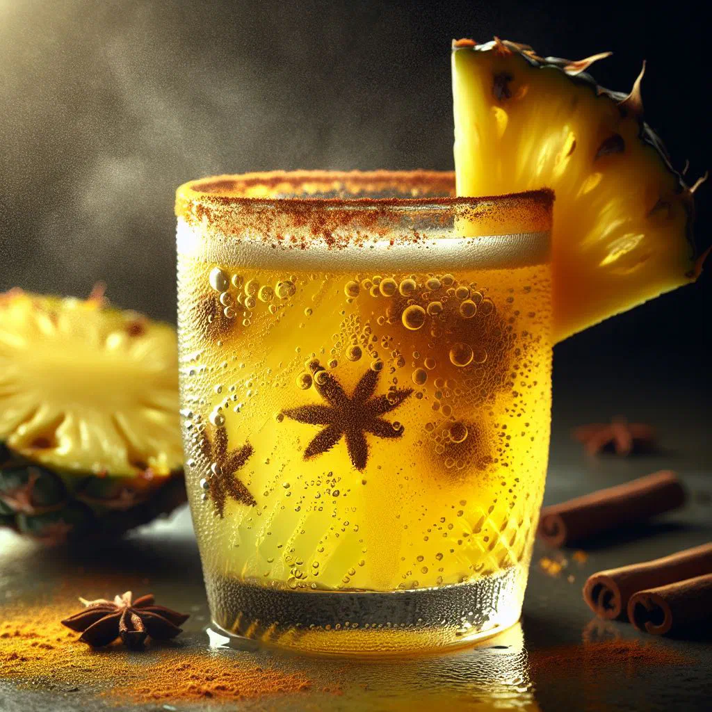 A glass of spiced pineapple juice garnished with fresh mint