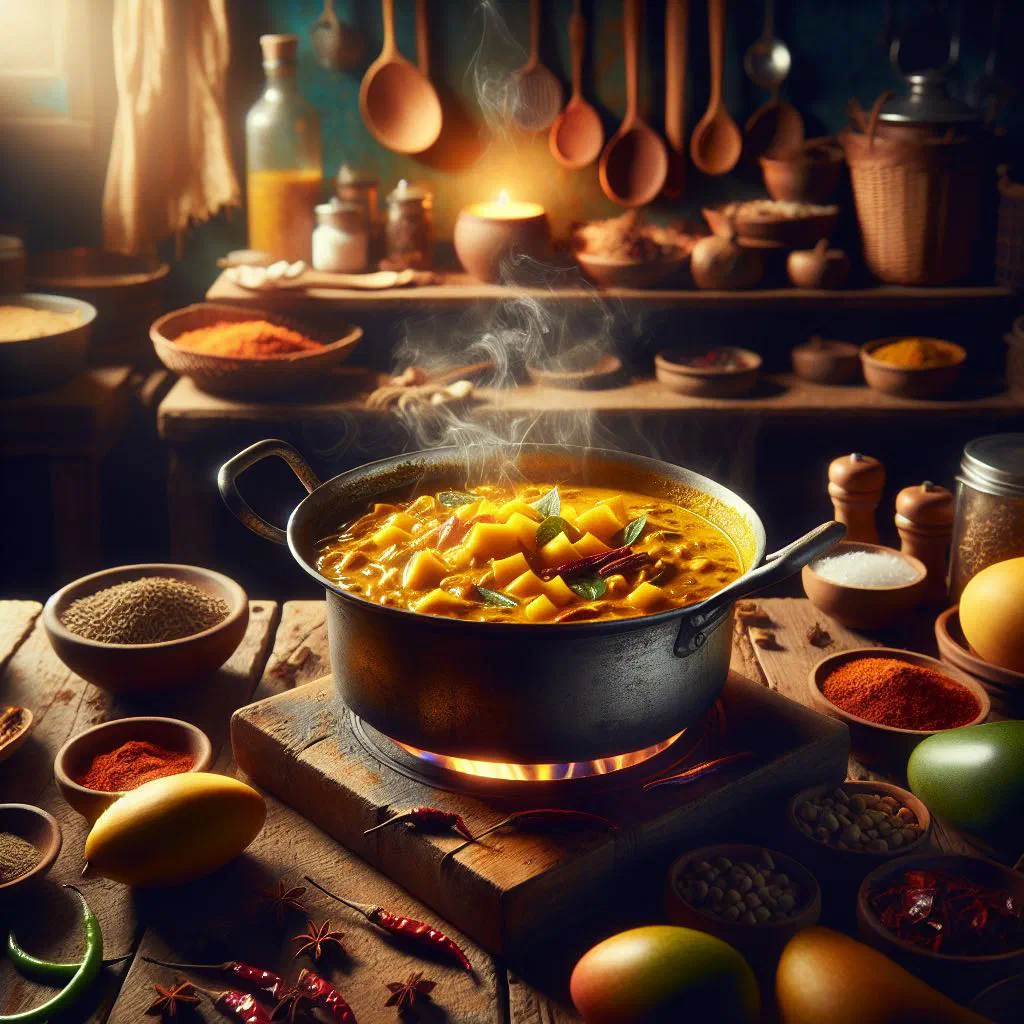 Bowl of Sri Lankan spicy mango curry in a golden coconut sauce garnished with coriander
