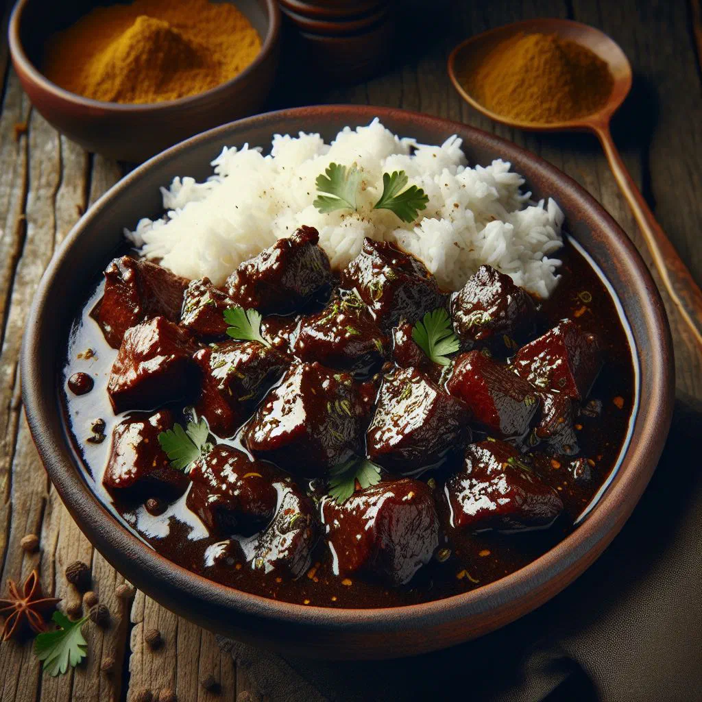 Sri Lankan black pork curry in a rich coconut sauce with fresh coriander