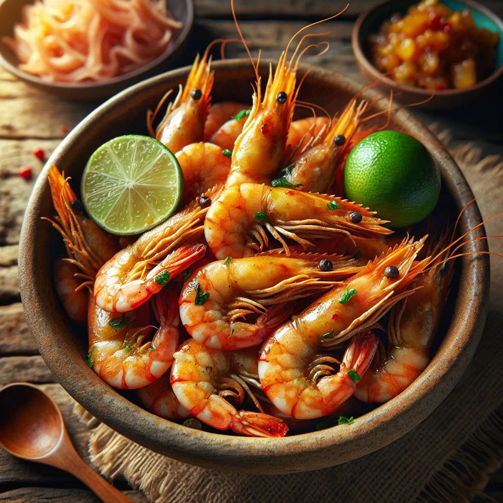 Golden, crispy Sri Lankan fried prawns garnished with fresh coriander and lime