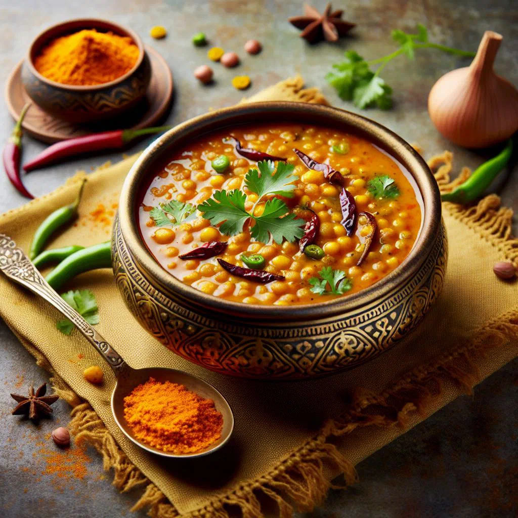 Bowl of tamarind dal garnished with fresh coriander