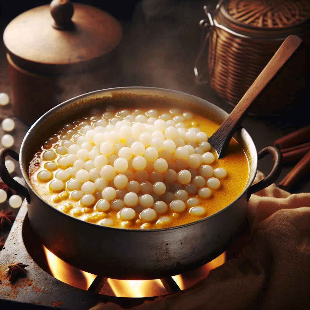 Creamy tapioca curry in coconut milk garnished with fresh coriander