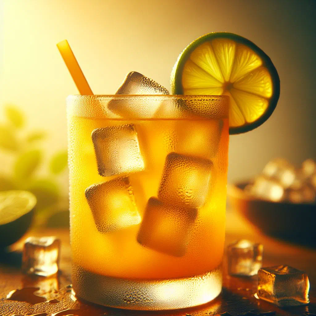 Glass of Thambili sherbet made with king coconut water, garnished with fresh mint