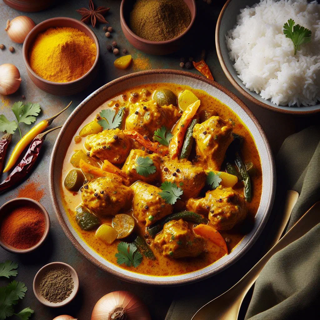Sri Lankan thunapaha chicken curry in coconut sauce garnished with fresh coriander