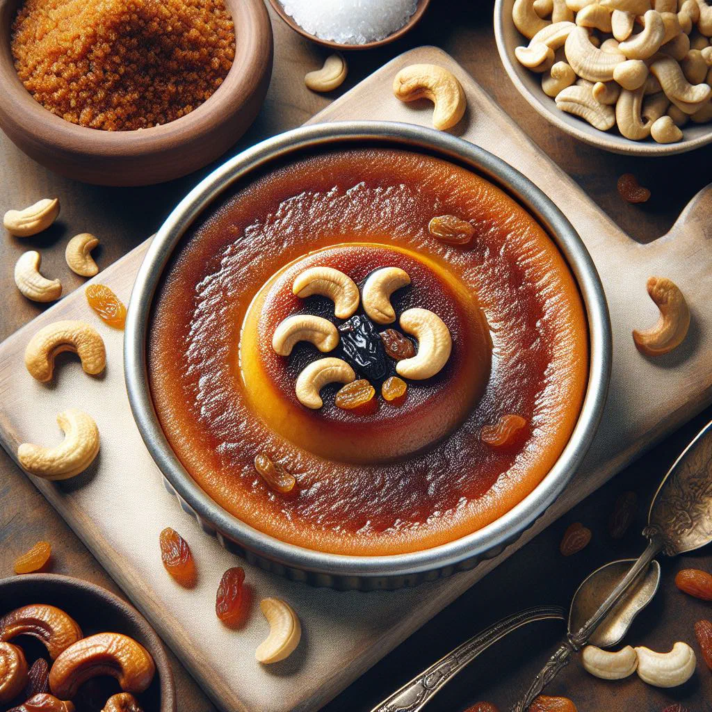 Creamy Watalappan coconut custard topped with chopped nuts