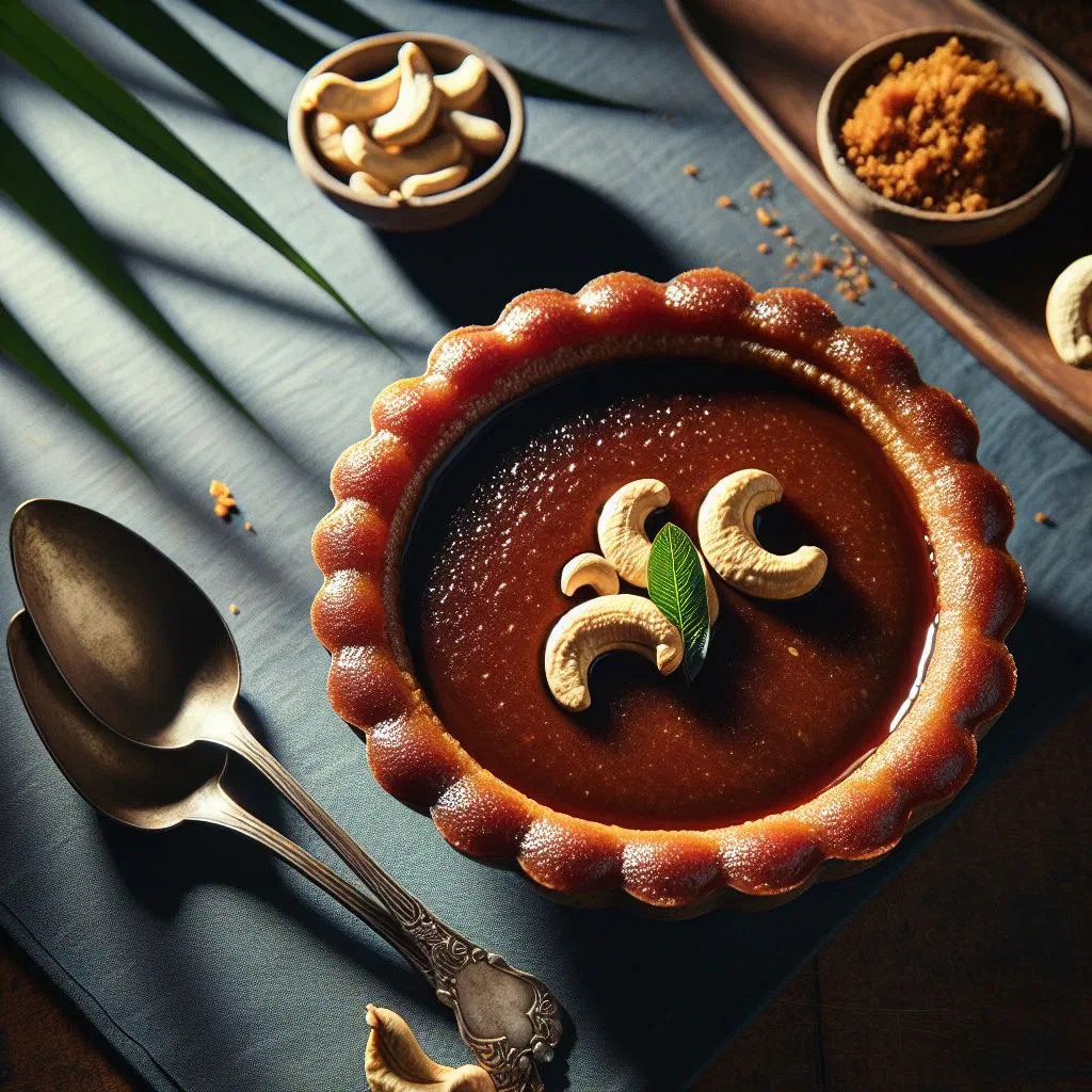 Set wattalappam coconut custard topped with toasted cashews and coconut