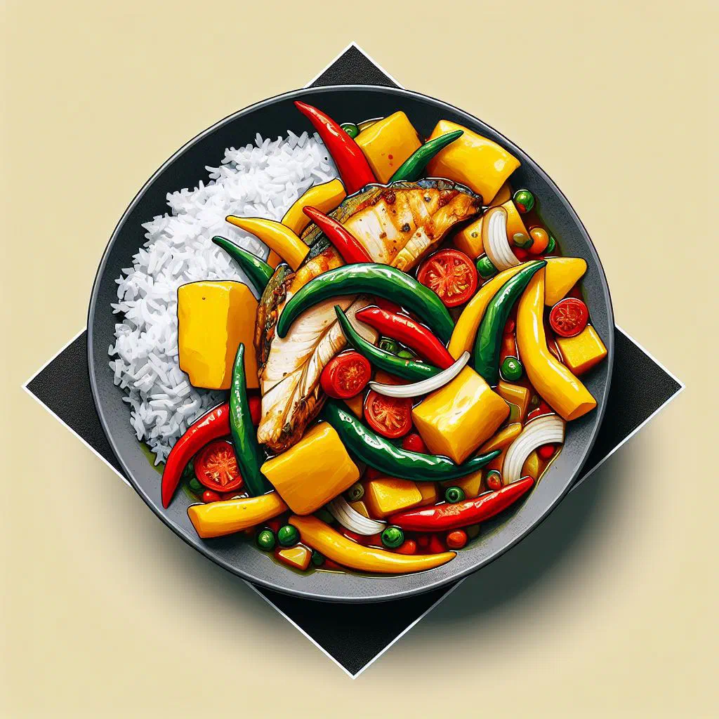 Ackee and saltfish with onions, peppers and fresh thyme in a pan