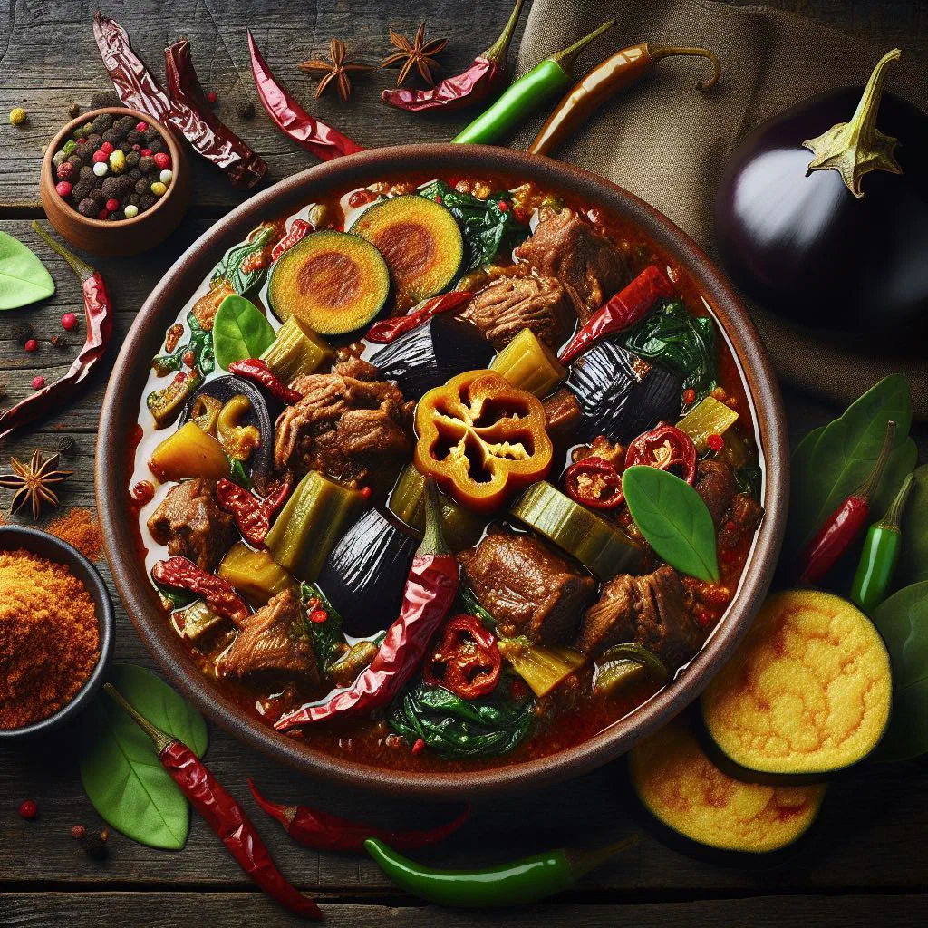 Bowl of Antiguan pepperpot stew with tender meat, peppers and fresh herbs