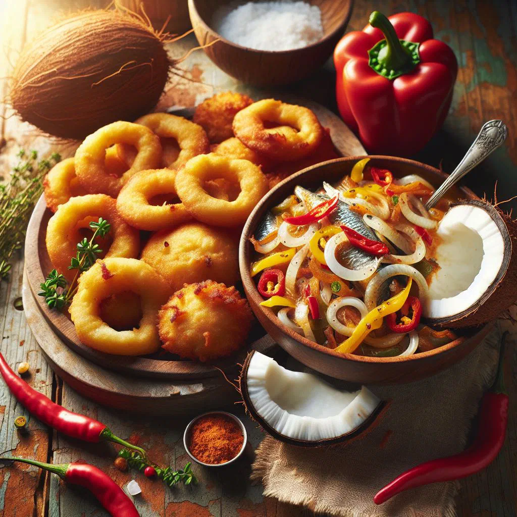 Golden fried bakes served with seasoned saltfish and peppers