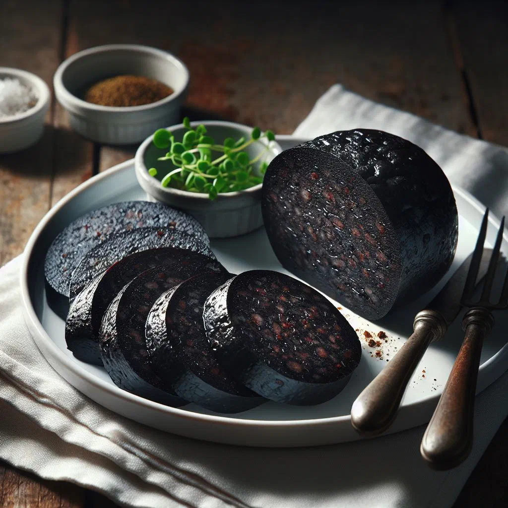 Sliced Caribbean black pudding served with fresh herbs and salad