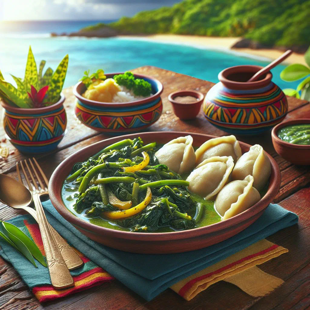 Bowl of stewed callaloo greens served with soft boiled dumplings