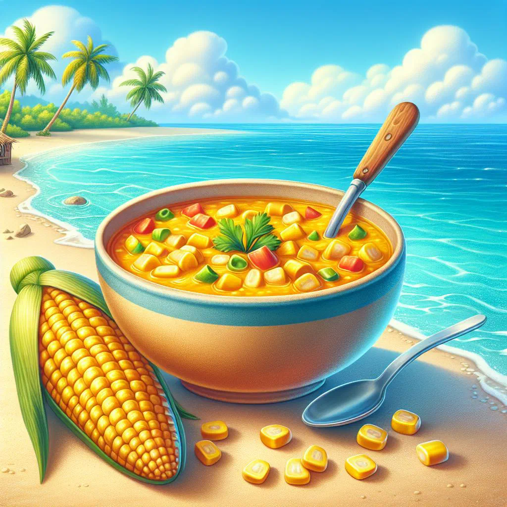 Creamy Caribbean corn soup in a bowl garnished with fresh herbs
