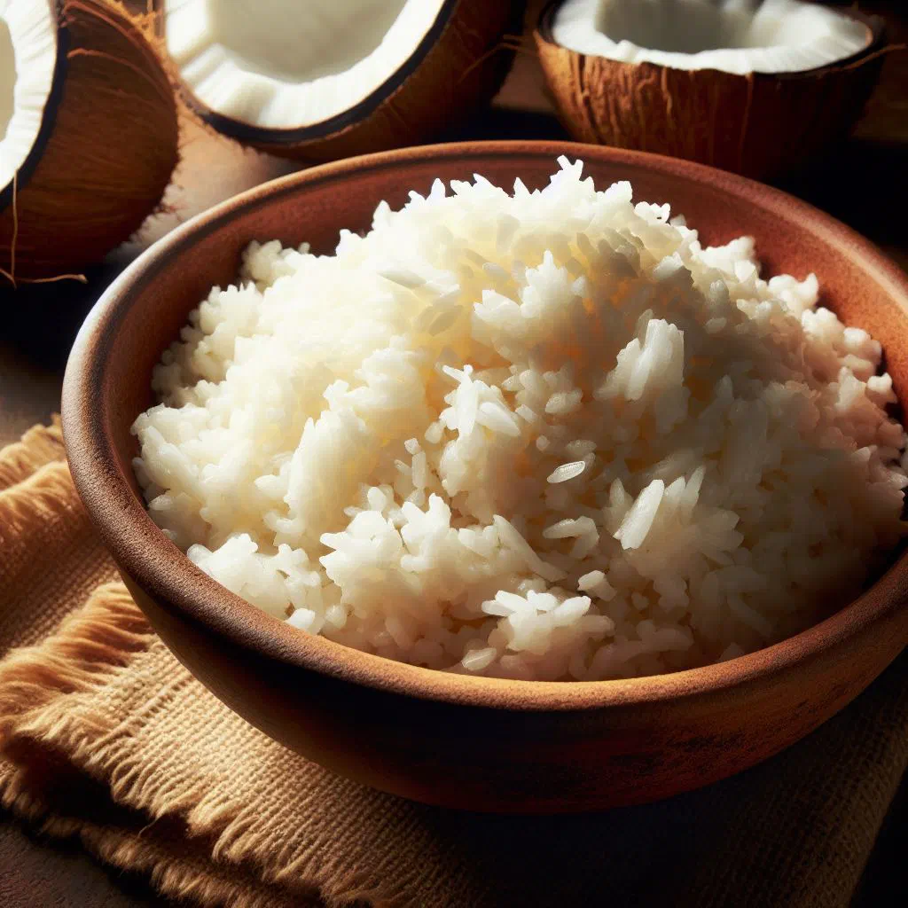 Bowl of fluffy coconut rice topped with freshly grated coconut